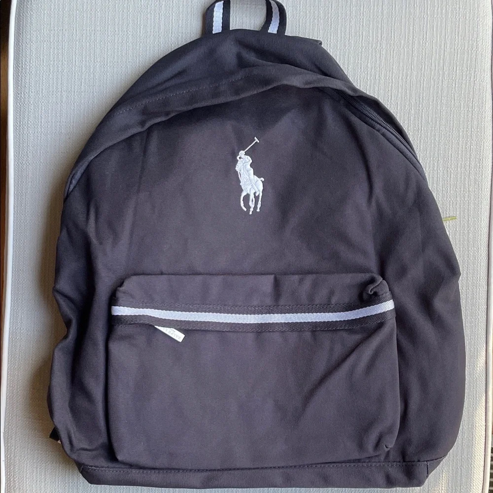 Ralph Lauren the world of polo navy Backpack with White Polo Logo and Stripe